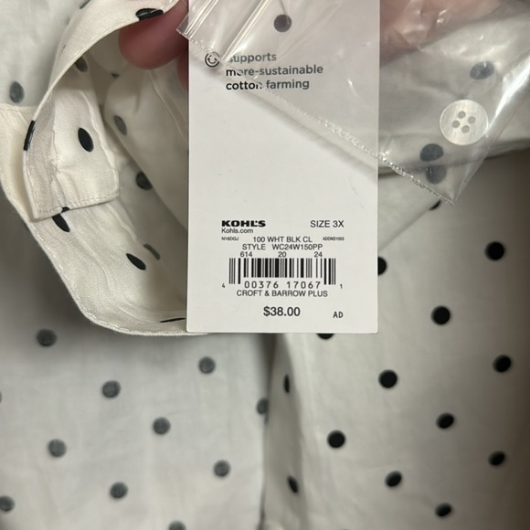 NWT Croft & Barrow Polka Dot Button Down Shirt Long Sleeve black white 3X - Picture 9 of 9